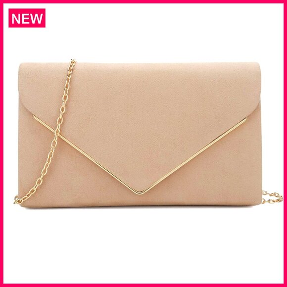 Faux Suede Clutch Bag with Metal Binding, Detachable Chain Strap for Evening